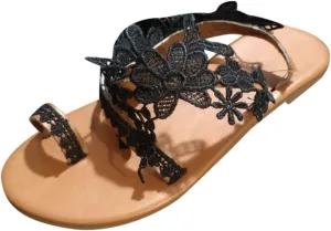 ZSpzx Women's Split Toe Flat Sandals,Summer Comfortable Open Toe Backless Slingback Slides Lace Flower Strappy Dressy Slippers Ladies Fasion Beach Walking Shoes For Travel Indoor Outdoor
